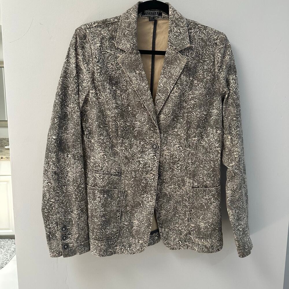 Peruvian Connection Gray Printed Stretch Blazer Women's Size 6 Artsy Chic
